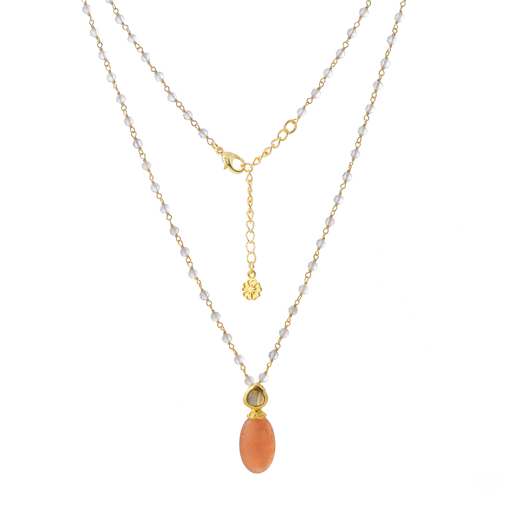 Persephone Double Gemstone Beaded Chain Necklace Peach Moonstone & Labradorite