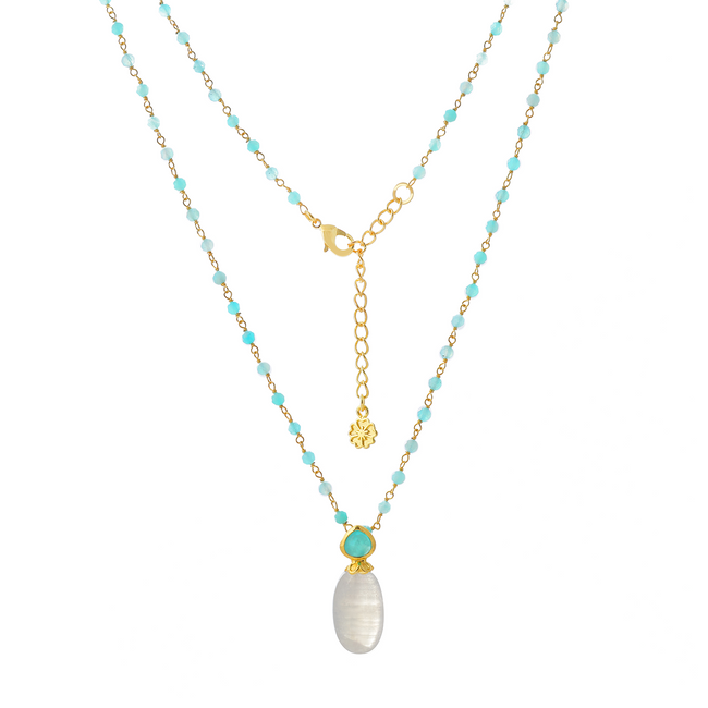 Collar de cadena con cuentas de doble gema Perséfone, piedra lunar y amazonita