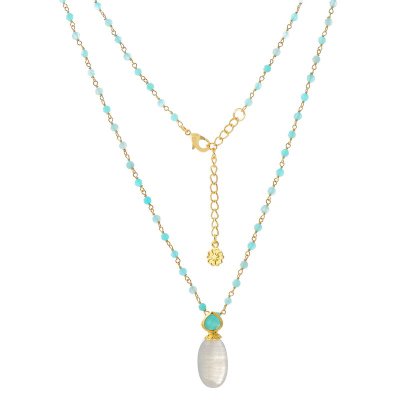 Collar de cadena con cuentas de doble gema Perséfone, piedra lunar y amazonita