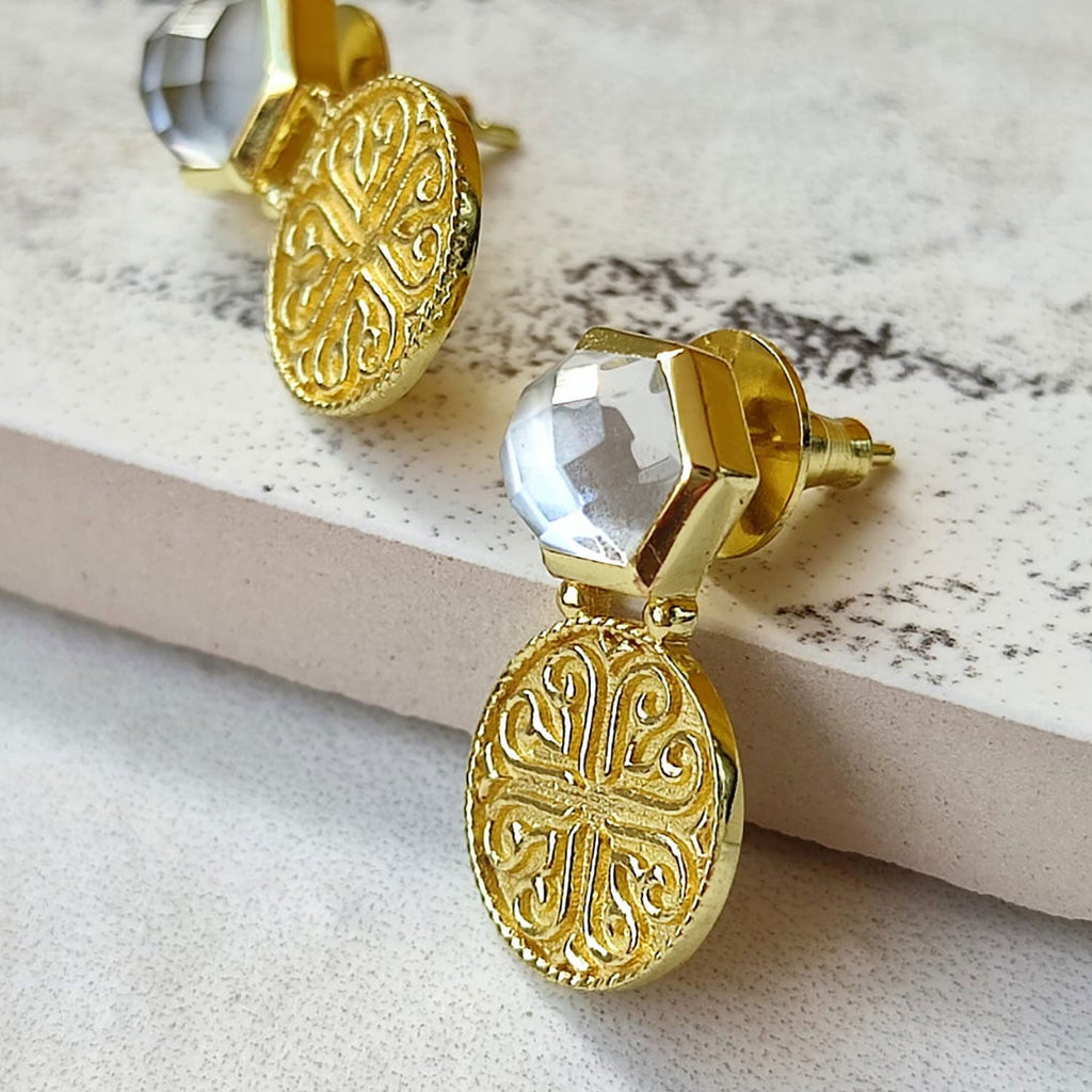 Thea Hexagon Gemstone Stud Earrings with Ornate Coins:  Mother of Pearl with Crystal