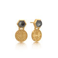 Thea Hexagon Gemstone Stud Earrings with Ornate Coins: Pyrite with Crystal