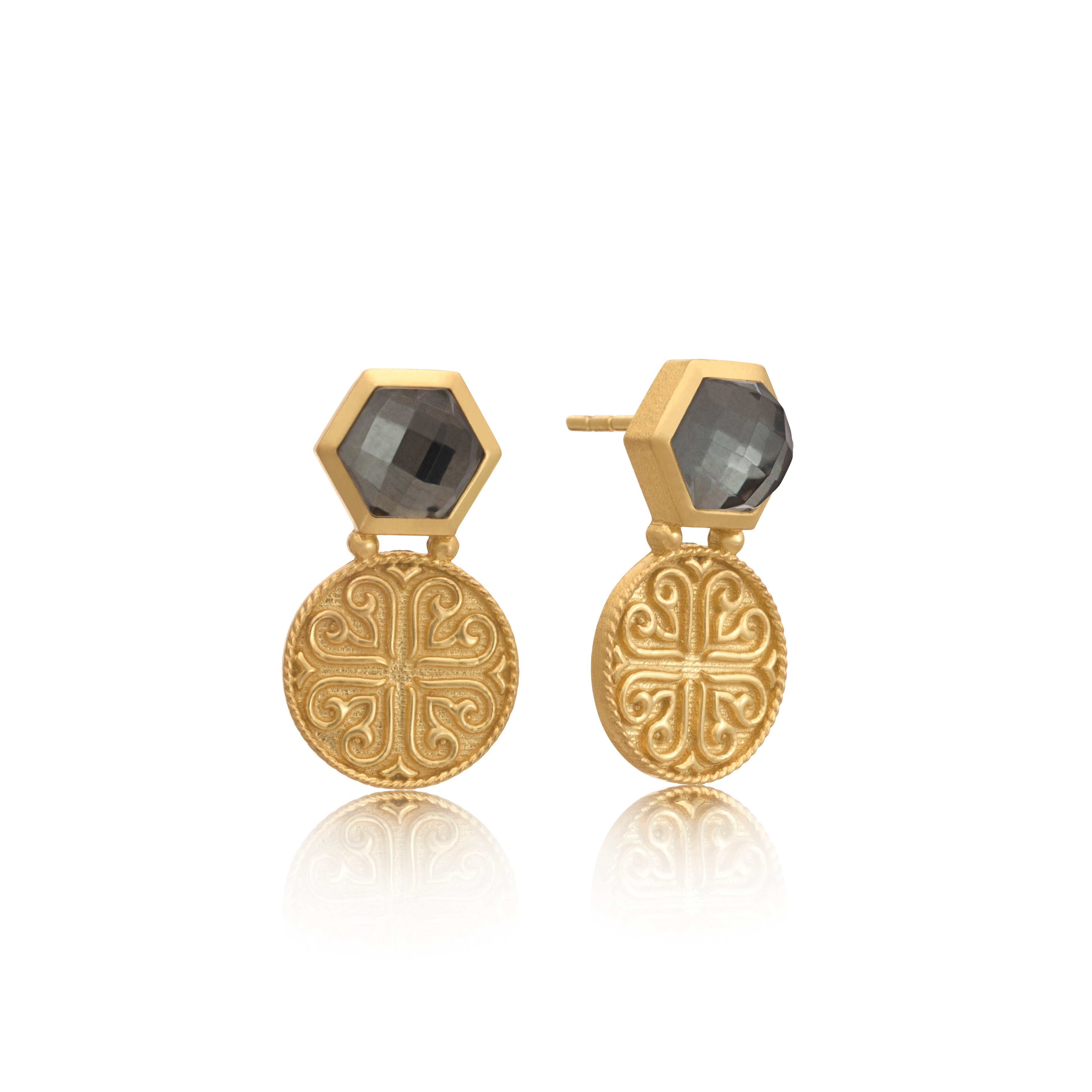 Thea Hexagon Gemstone Stud Earrings with Ornate Coins: Pyrite with Crystal