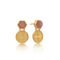 Thea Hexagon Ornate Coins Stud Earrings: Peach Moonstone