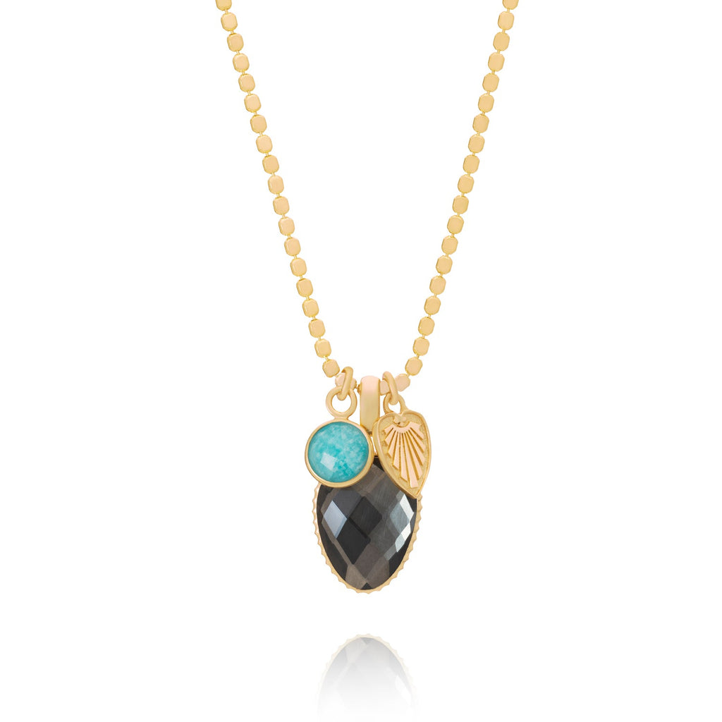 Odyssey Two Stone Pendant Necklace with Palm Leaf Charm Pyrite & Amazonite