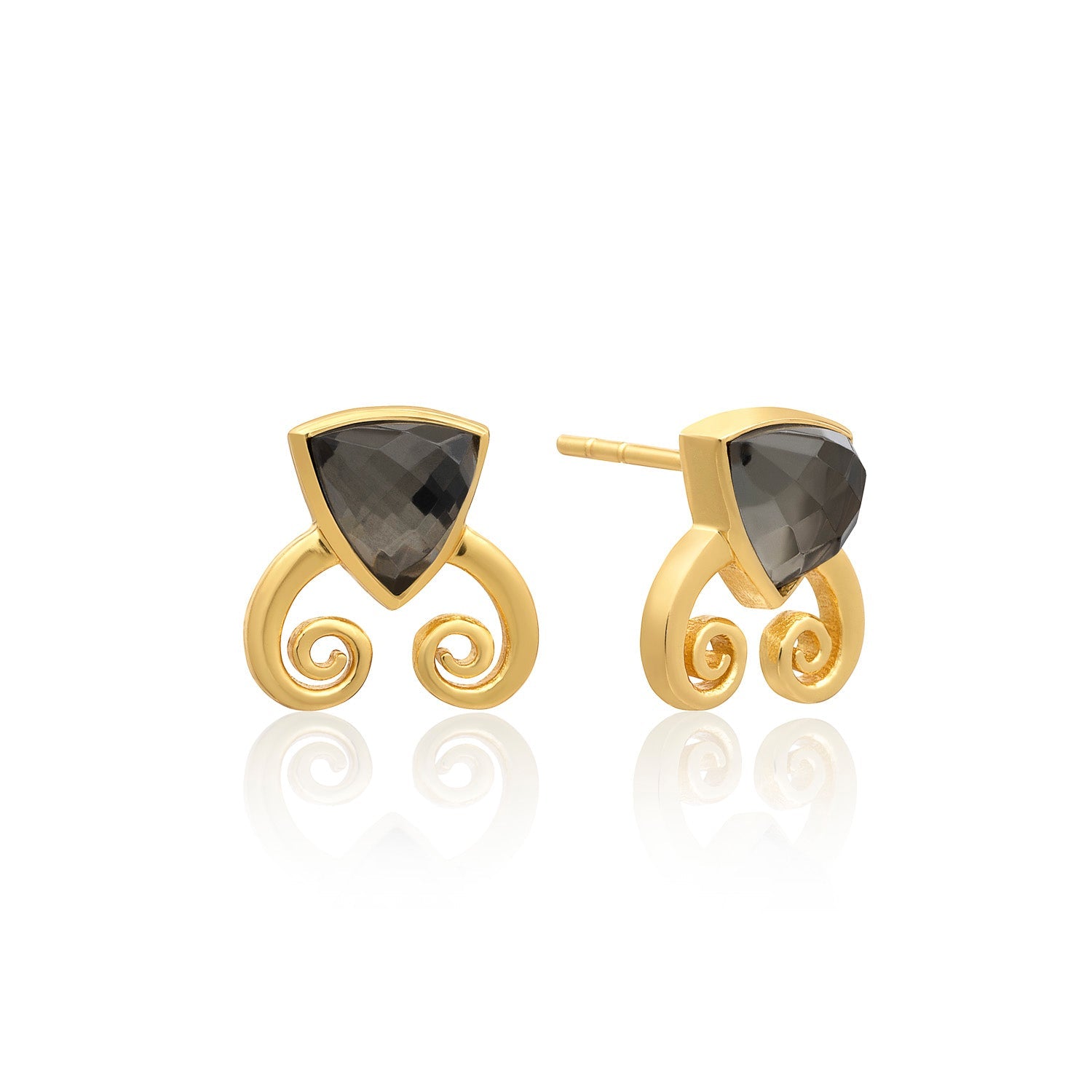 Trillion Doublet and Scroll Studs: Pyrite with Rhodolite Quartz