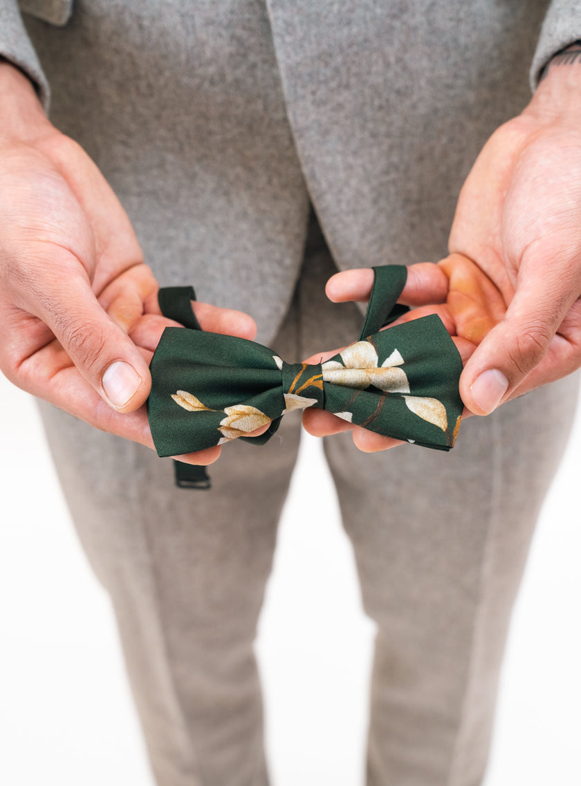 Green floral Silk Pocket Square and Bow tie in 'Forest' moth print