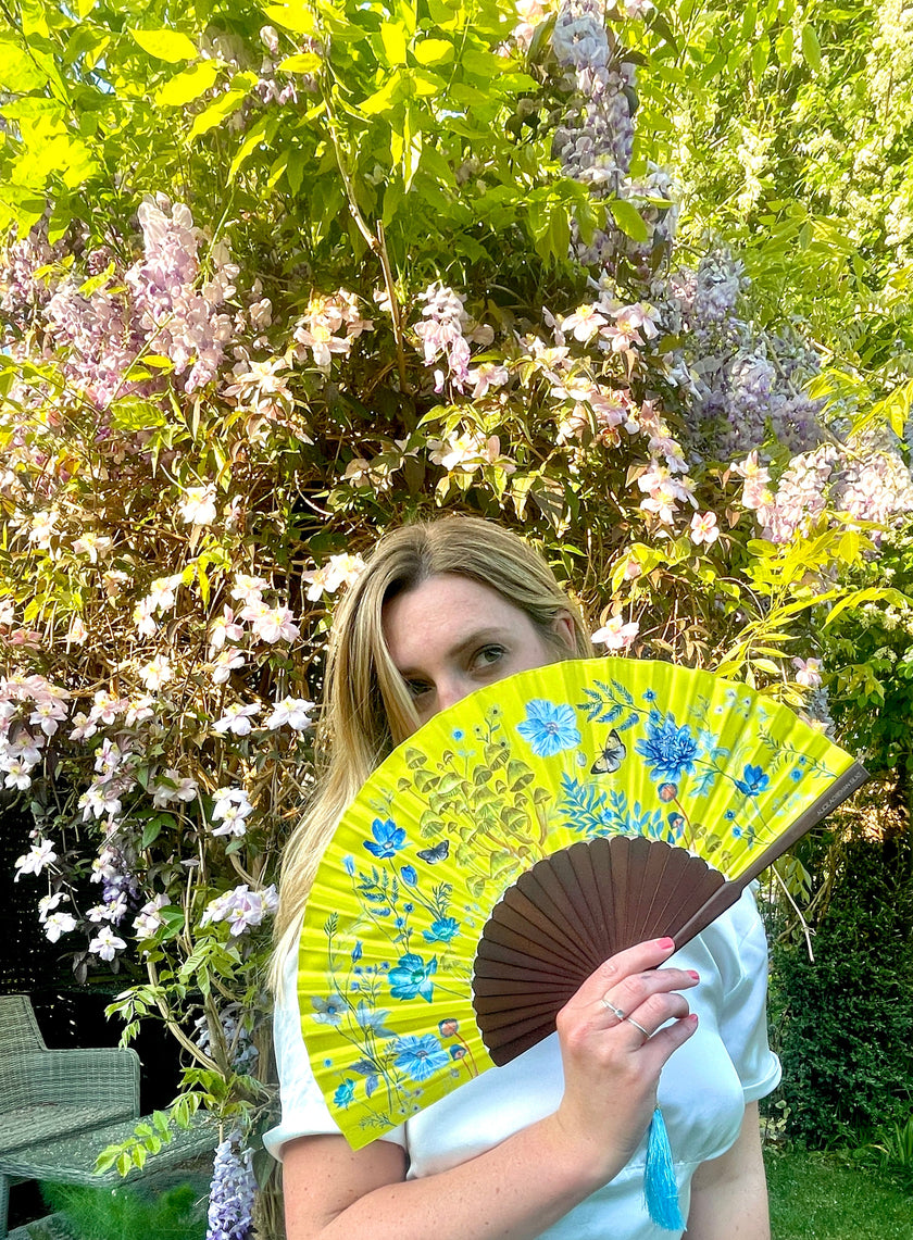 Bright yellow  'Luciferin' silk folding hand fan with flowers and mushroom painted artwork