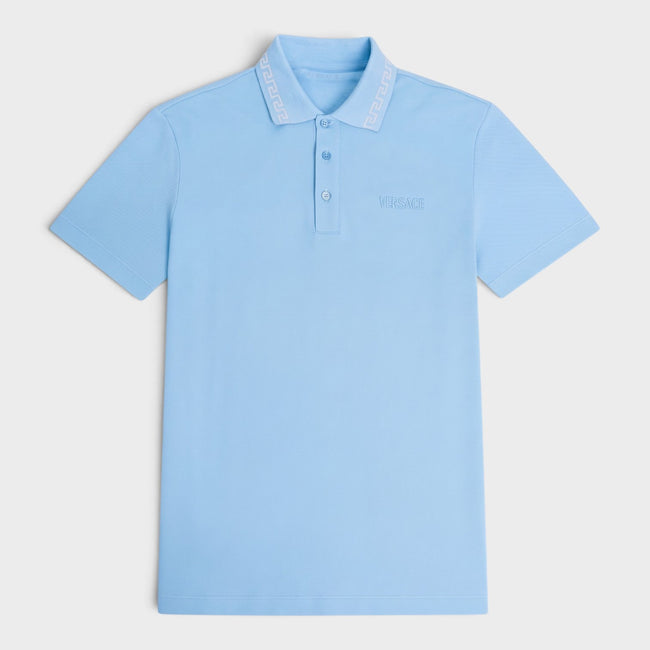 Polo piqué à logo Greca bleu argent