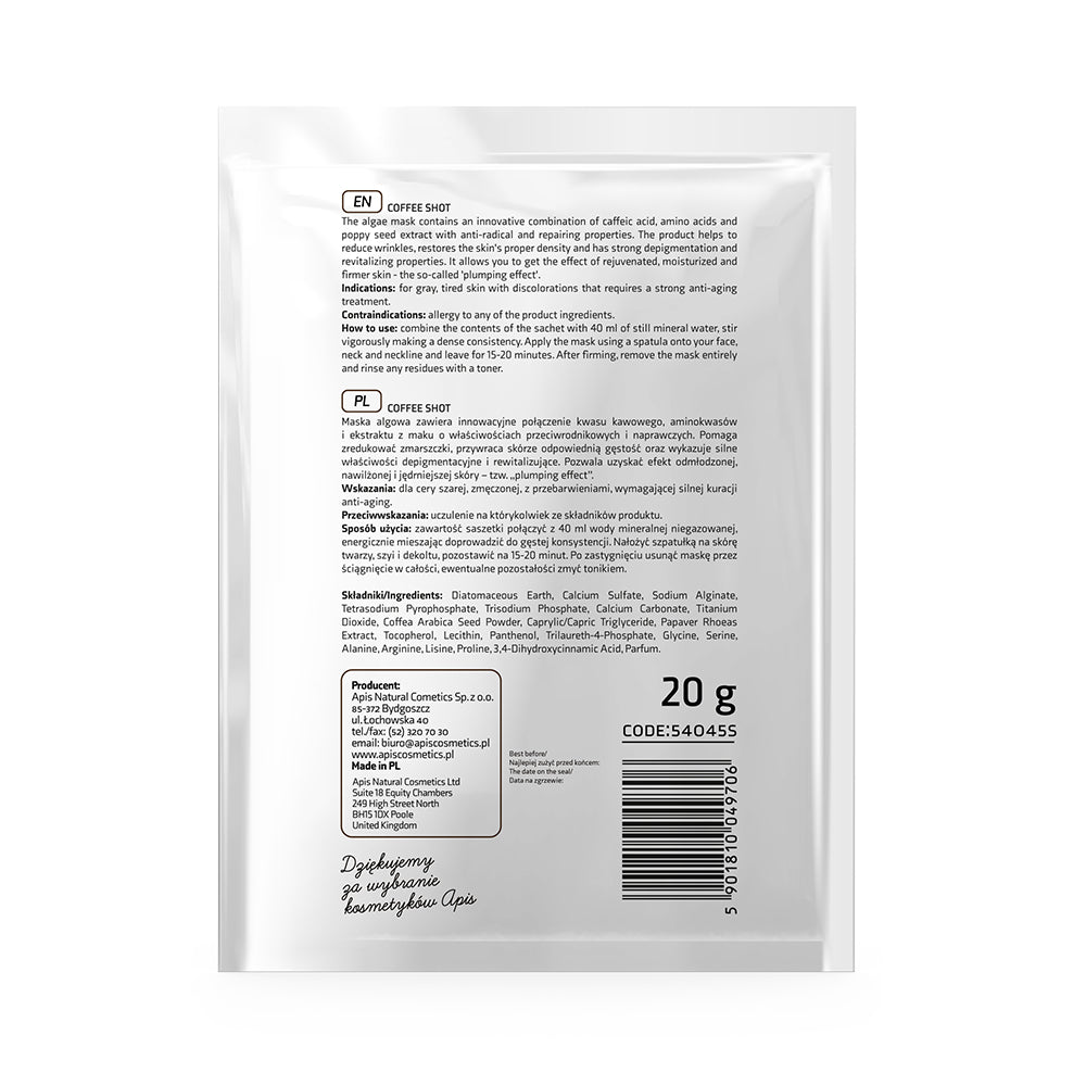 Coffee Face Mask | Apis Coffee Shot Bio-Revitalising Algae Mask with Coffee Acid & Arabica Beans 20g