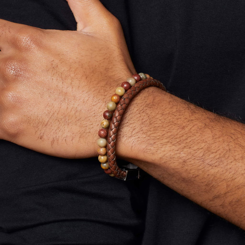 Fred Bennett Brown Leather and Red Turquoise Stone Bracelet