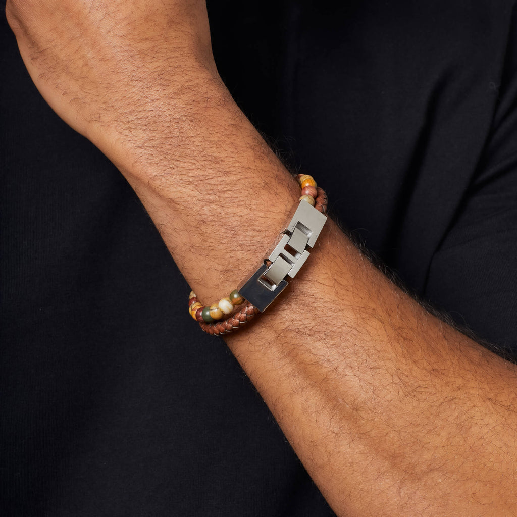 Fred Bennett Brown Leather and Red Turquoise Stone Bracelet