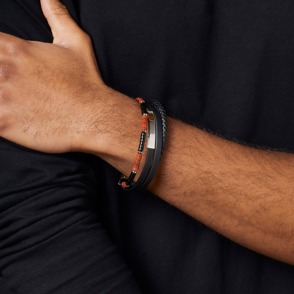 Fred Bennett Armband aus Rotem Jaspis und Onyx mit mehrlagigem Leder