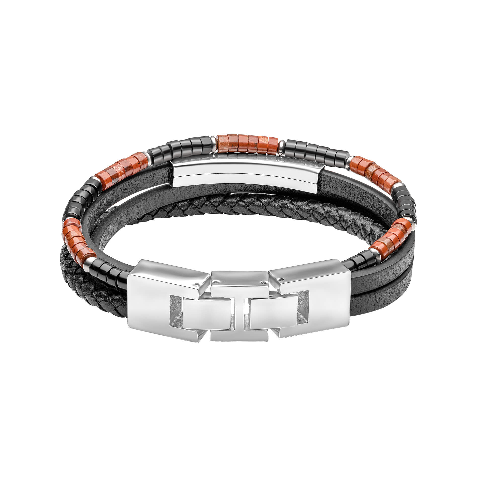 Fred Bennett Armband aus Rotem Jaspis und Onyx mit mehrlagigem Leder