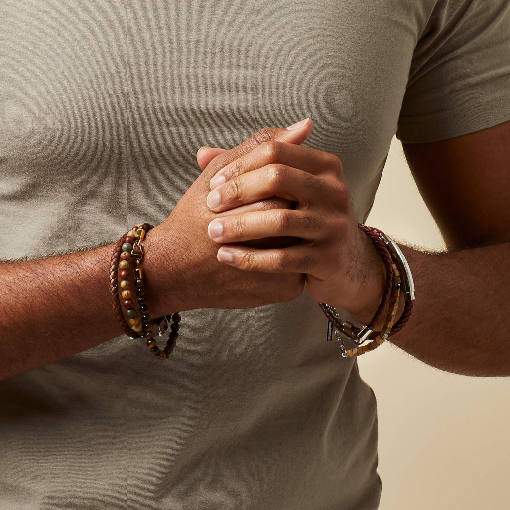 Fred Bennett Brown Leather and Red Turquoise Stone Bracelet