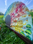 Colourful Silk folding hand fan 'kaleido-bloom' print with floral & nature filled rainbow design