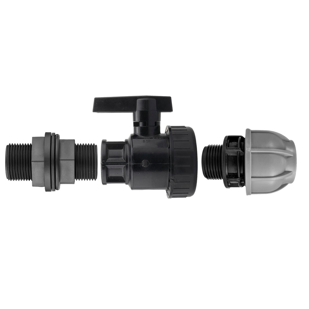 ¾” BSP Water Butt Fitting with Full Flow PP Valve and 20mm MDPE Fitting