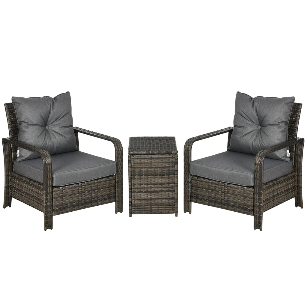 Outsunny 3 Pieces Rattan Bistro Set, Wicker Garden Furniture Set with Storage  Coffee Table and Chairs, Thickened Cushions for Outdoor, Patio, Balcony, Grey