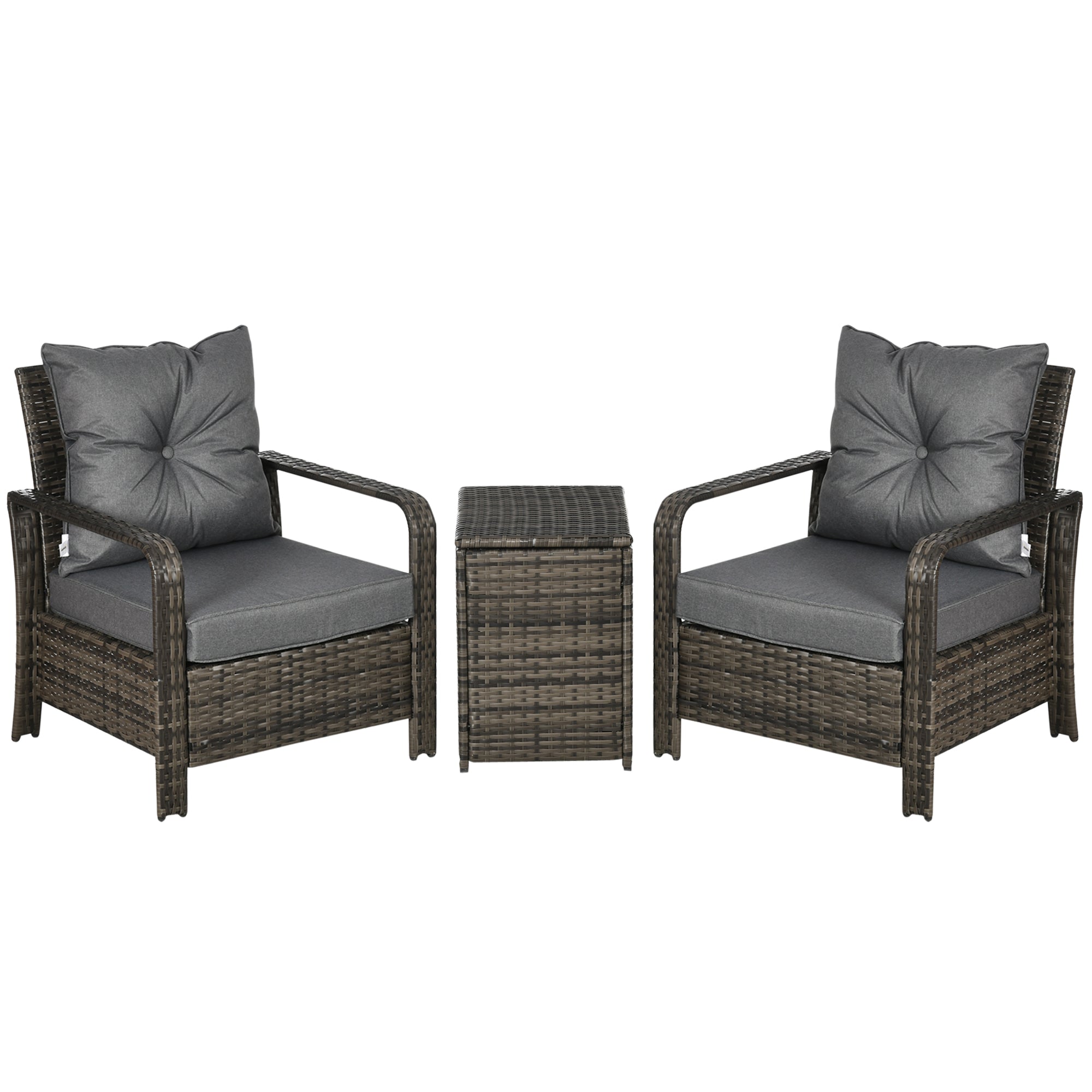 Outsunny 3 Pieces Rattan Bistro Set, Wicker Garden Furniture Set with Storage  Coffee Table and Chairs, Thickened Cushions for Outdoor, Patio, Balcony, Grey