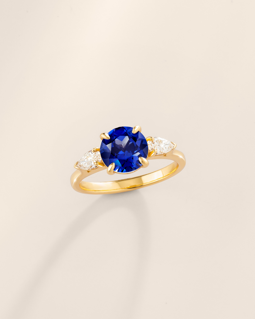 Blue Sapphire Round Cut Three Stone Engagement Ring in 18k Gold Vermeil