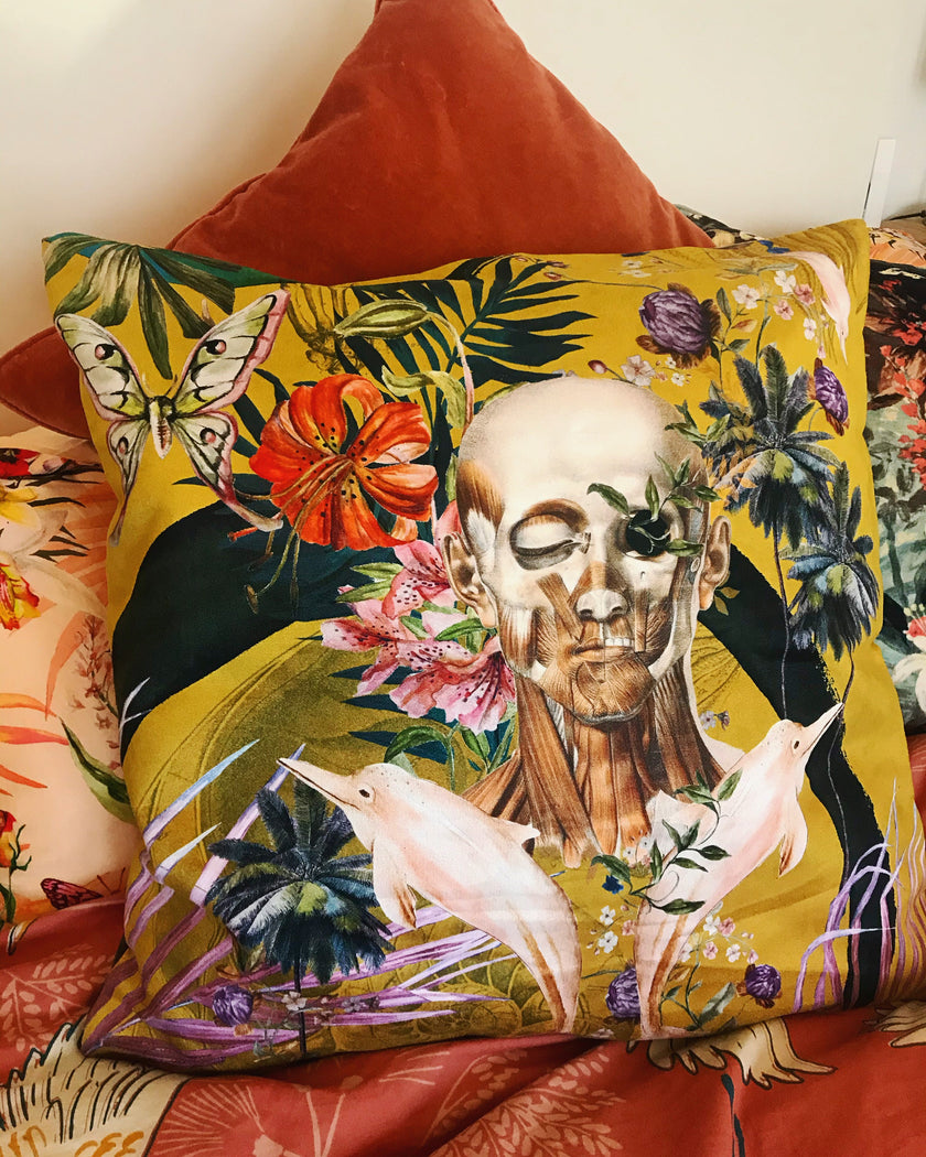 Large Yellow Cushion Watercolour skull design 'Boto Cushion' in Vegan friendly Suede