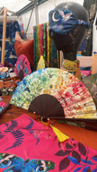 Colourful Silk folding hand fan 'kaleido-bloom' print with floral & nature filled rainbow design
