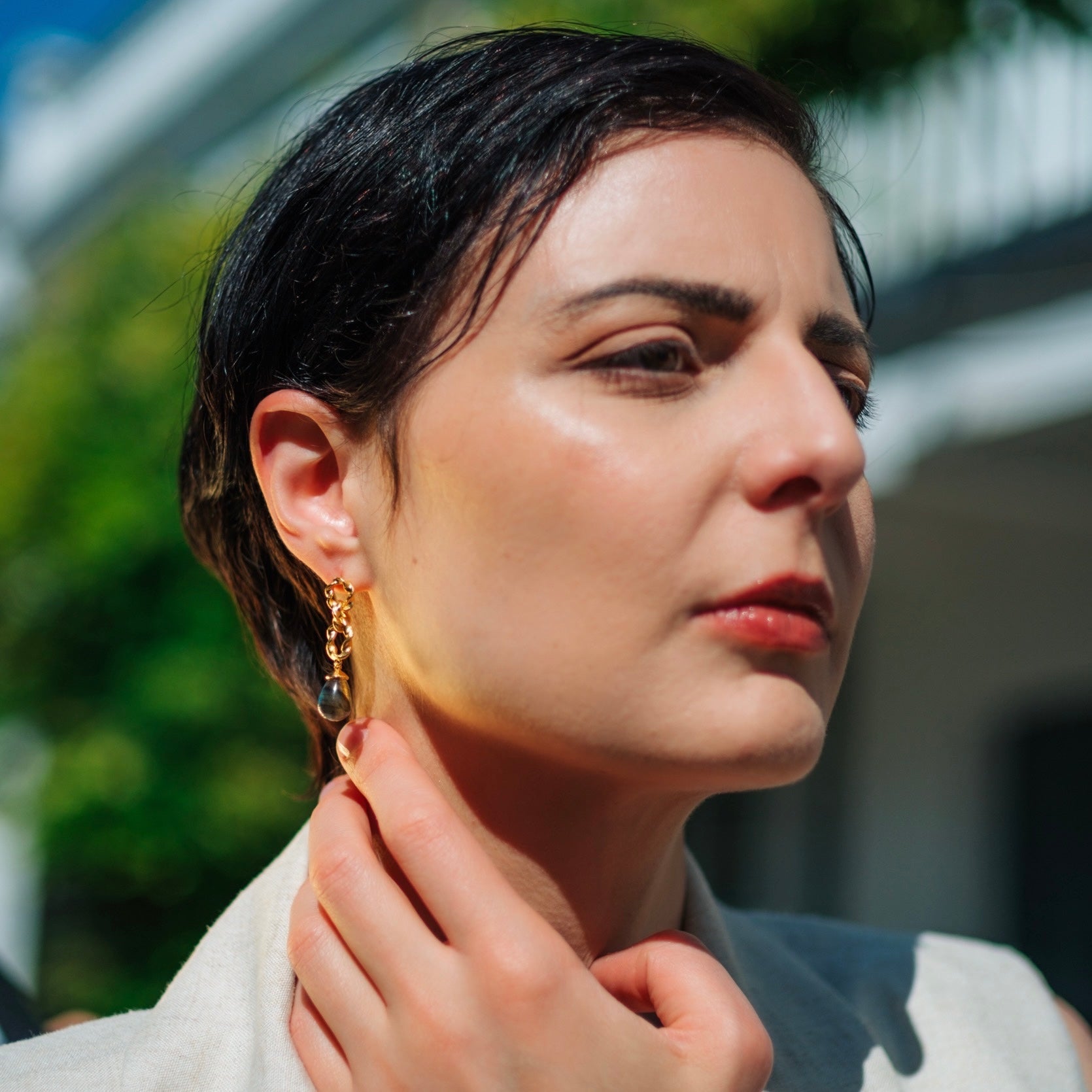 Moirai Double Twisted Loops Earrings Labradorite
