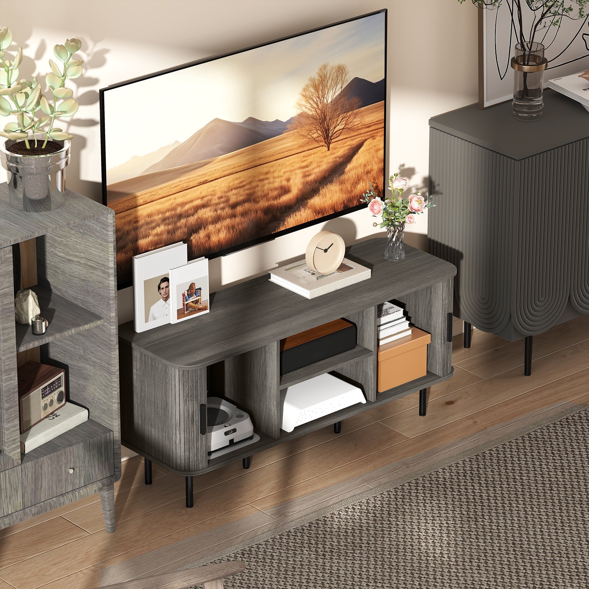 HOMCOM TV Stand Cabinet for TVs up to 55 Inches, TV Unit with Storage Shelves and Cupboard for Living Room, Grey