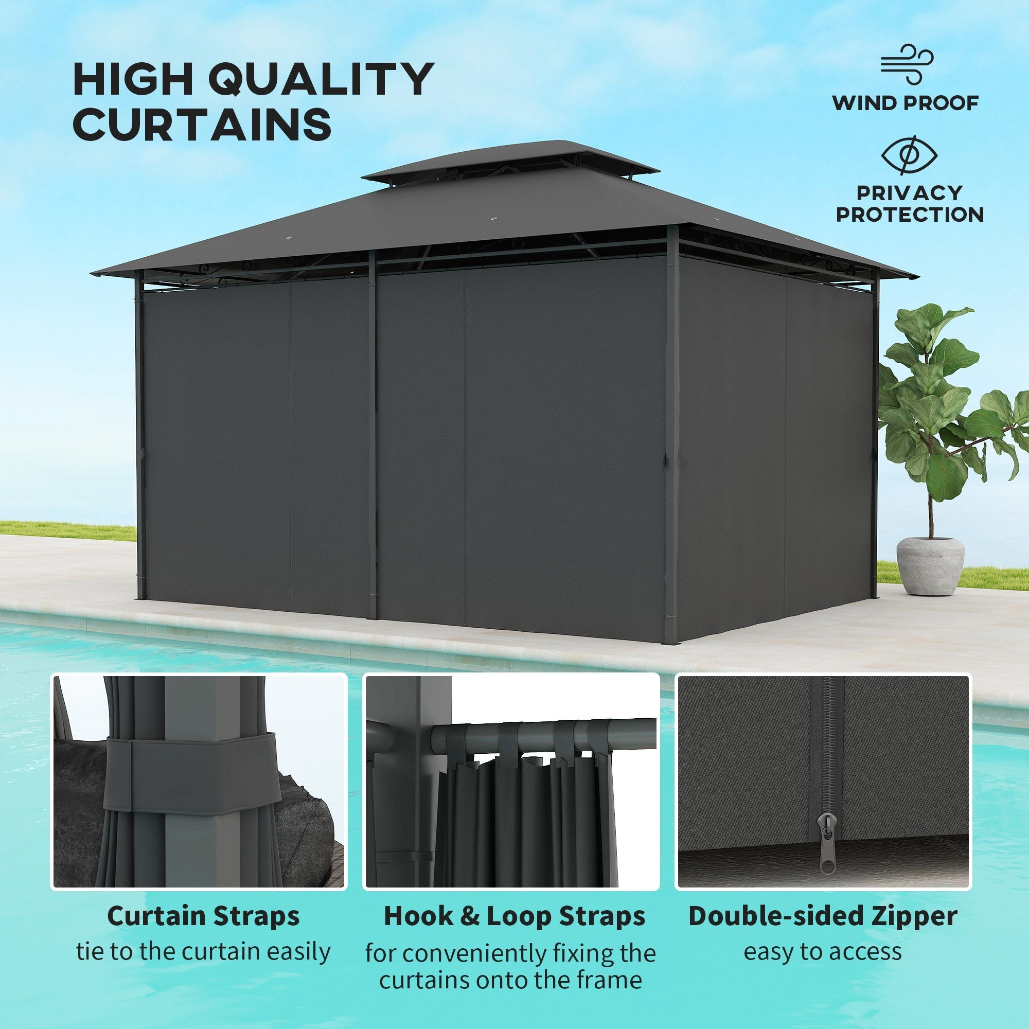 Outsunny 3 x 4m Steel Gazebo, with Curtains - Black