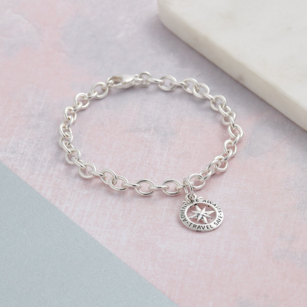 Travel Safe Outline Compass Silver Charm