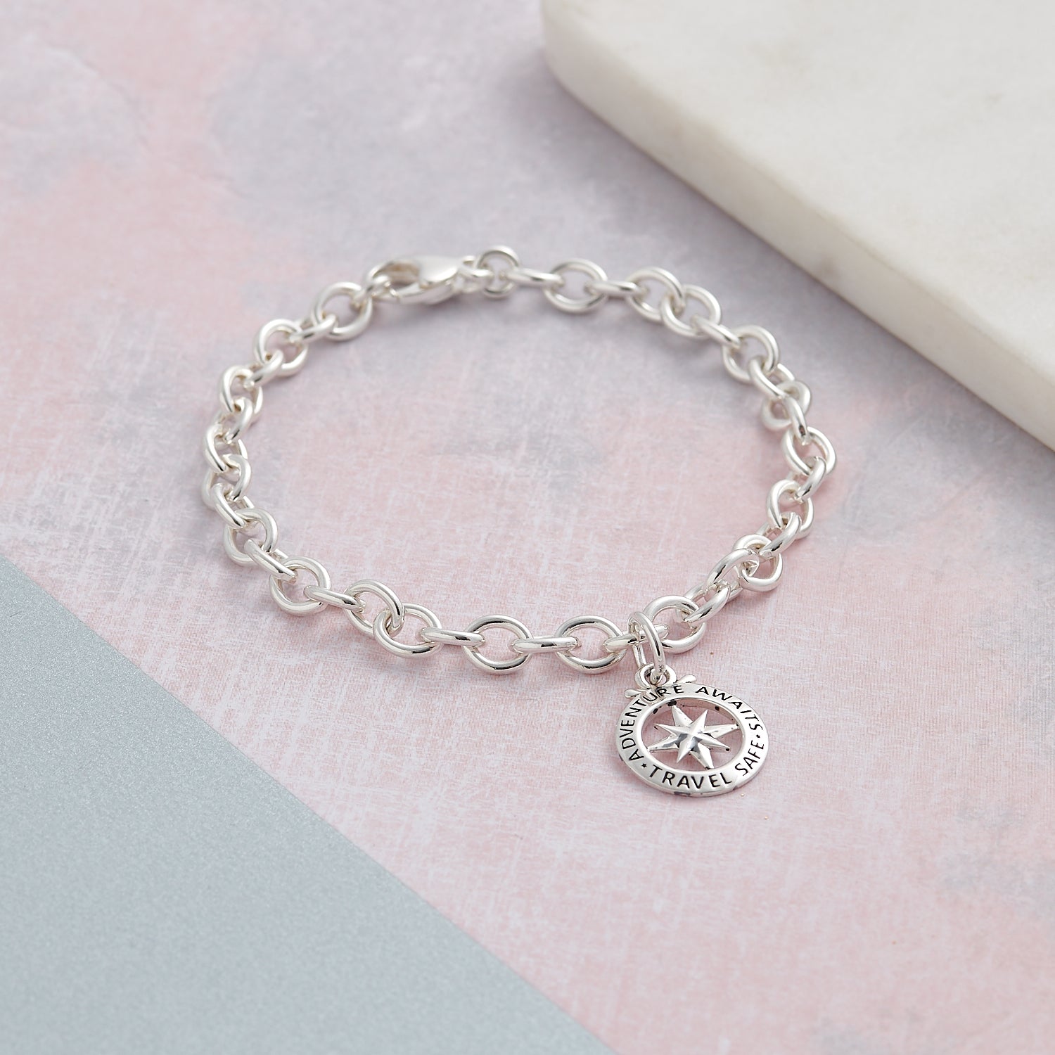 Travel Safe Outline Compass Silver Charm