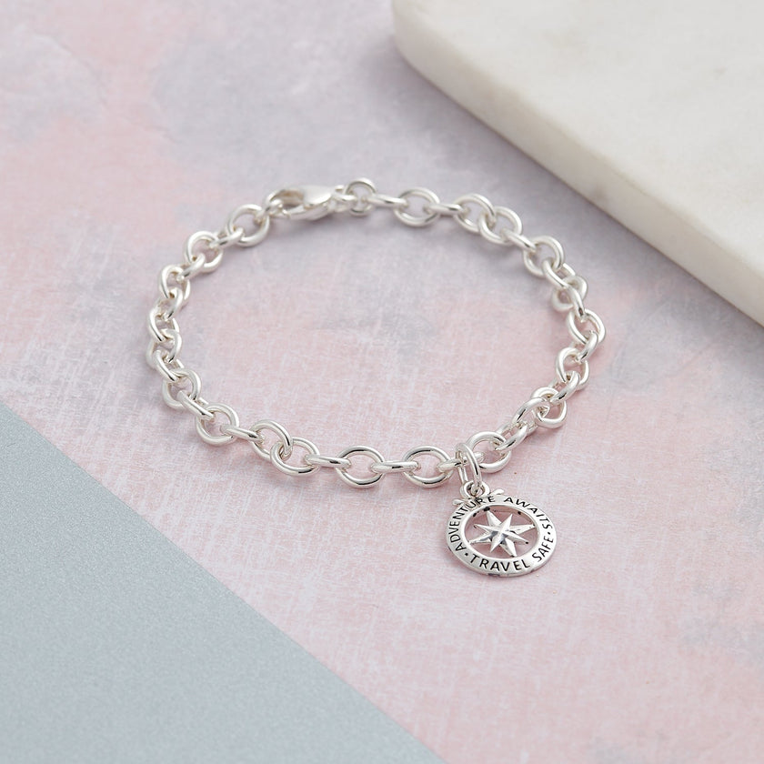 Travel Safe Outline Compass Silver Charm