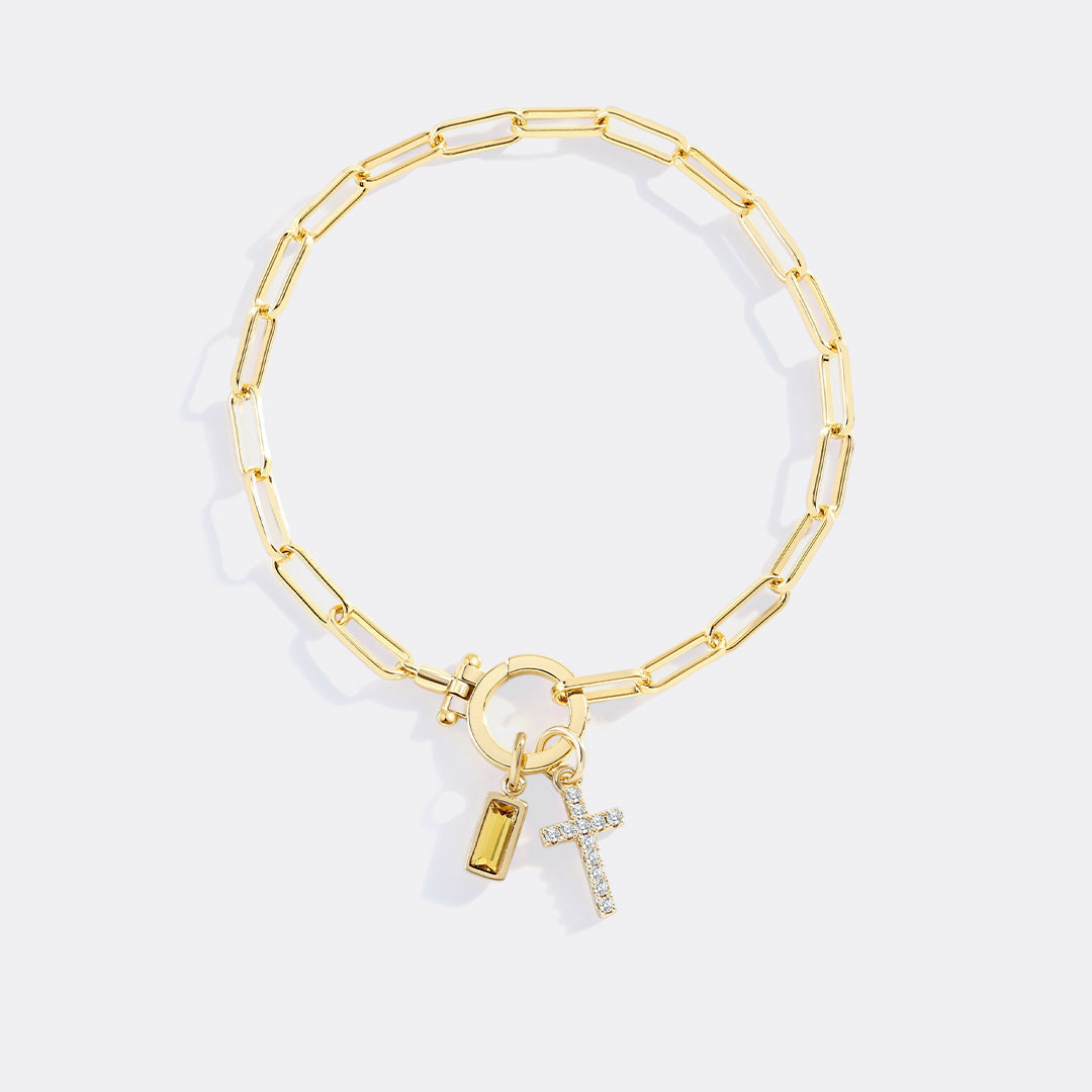 Kreuz-Charm-Geburtsstein-Armband mit Büroklammer-Kette