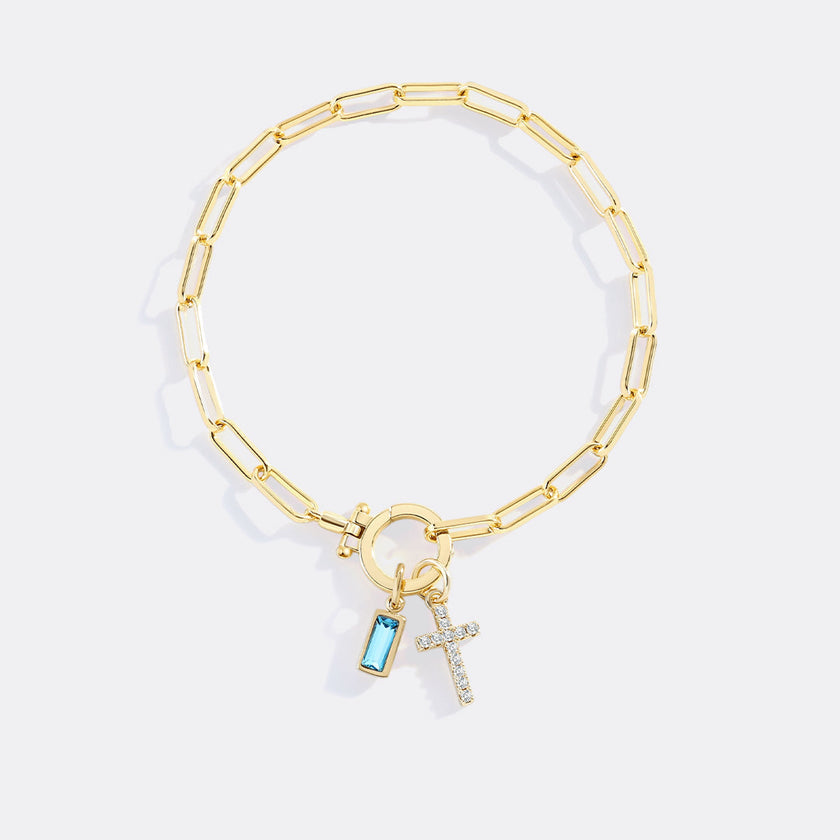 Kreuz-Charm-Geburtsstein-Armband mit Büroklammer-Kette