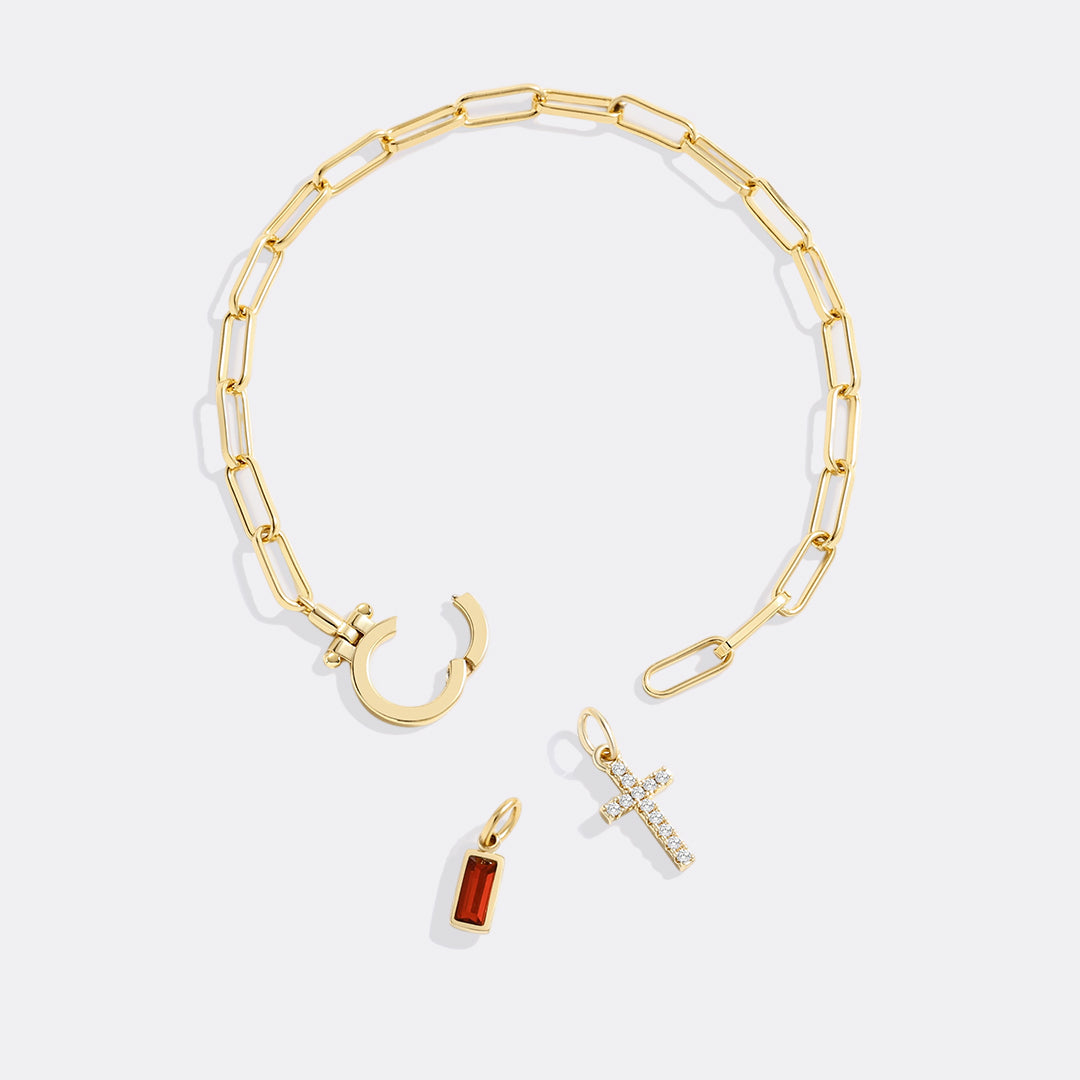 Kreuz-Charm-Geburtsstein-Armband mit Büroklammer-Kette