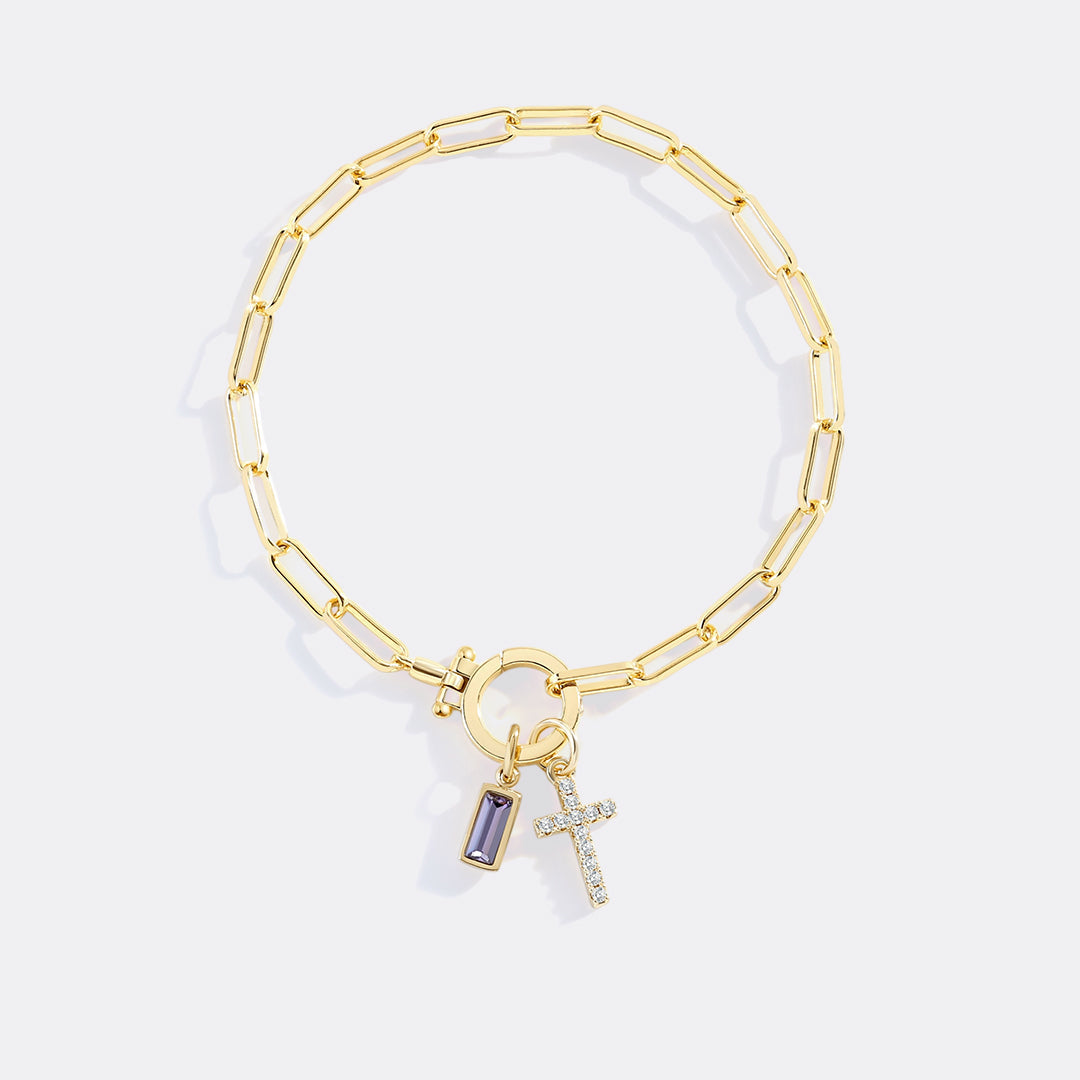 Kreuz-Charm-Geburtsstein-Armband mit Büroklammer-Kette