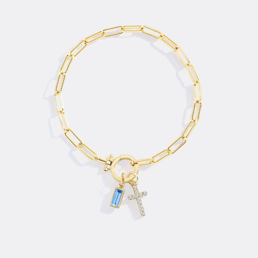 Kreuz-Charm-Geburtsstein-Armband mit Büroklammer-Kette