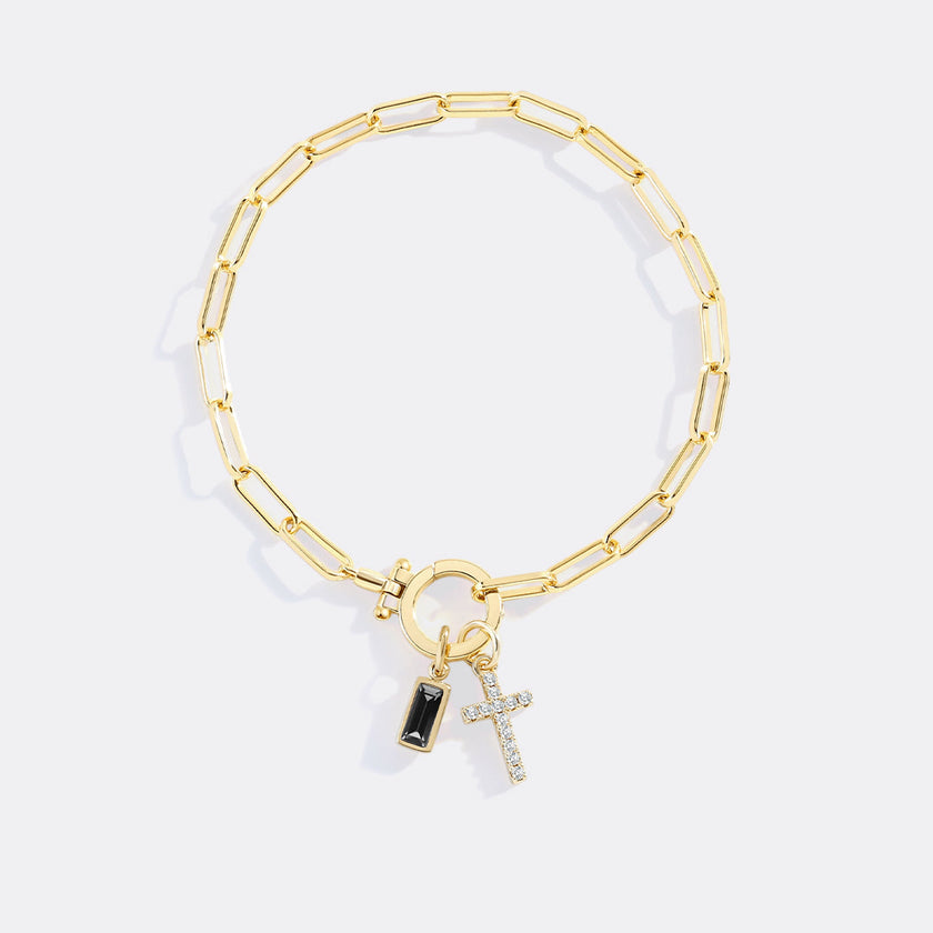 Kreuz-Charm-Geburtsstein-Armband mit Büroklammer-Kette