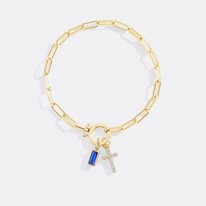Kreuz-Charm-Geburtsstein-Armband mit Büroklammer-Kette