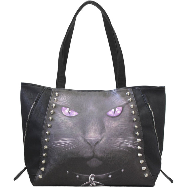 SCHWARZE KATZE - Tragetasche - Hochwertiges PU-Leder mit Nietenbesatz
