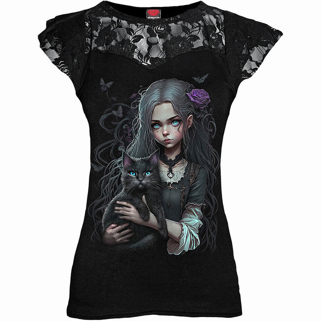GOTH FAMILIAR - Spitzenbesetztes Cap-Sleeve-Oberteil Schwarz