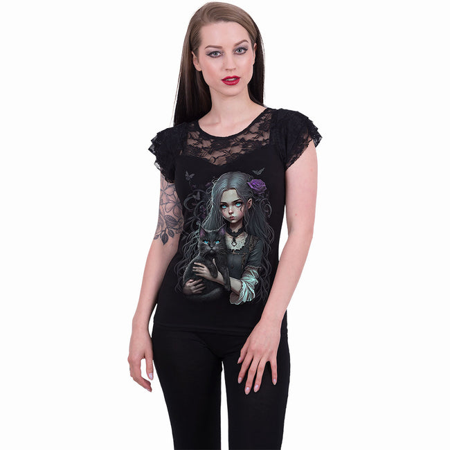 GOTH FAMILIAR - Spitzenbesetztes Cap-Sleeve-Oberteil Schwarz