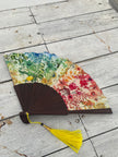 Colourful Silk folding hand fan 'kaleido-bloom' print with floral & nature filled rainbow design
