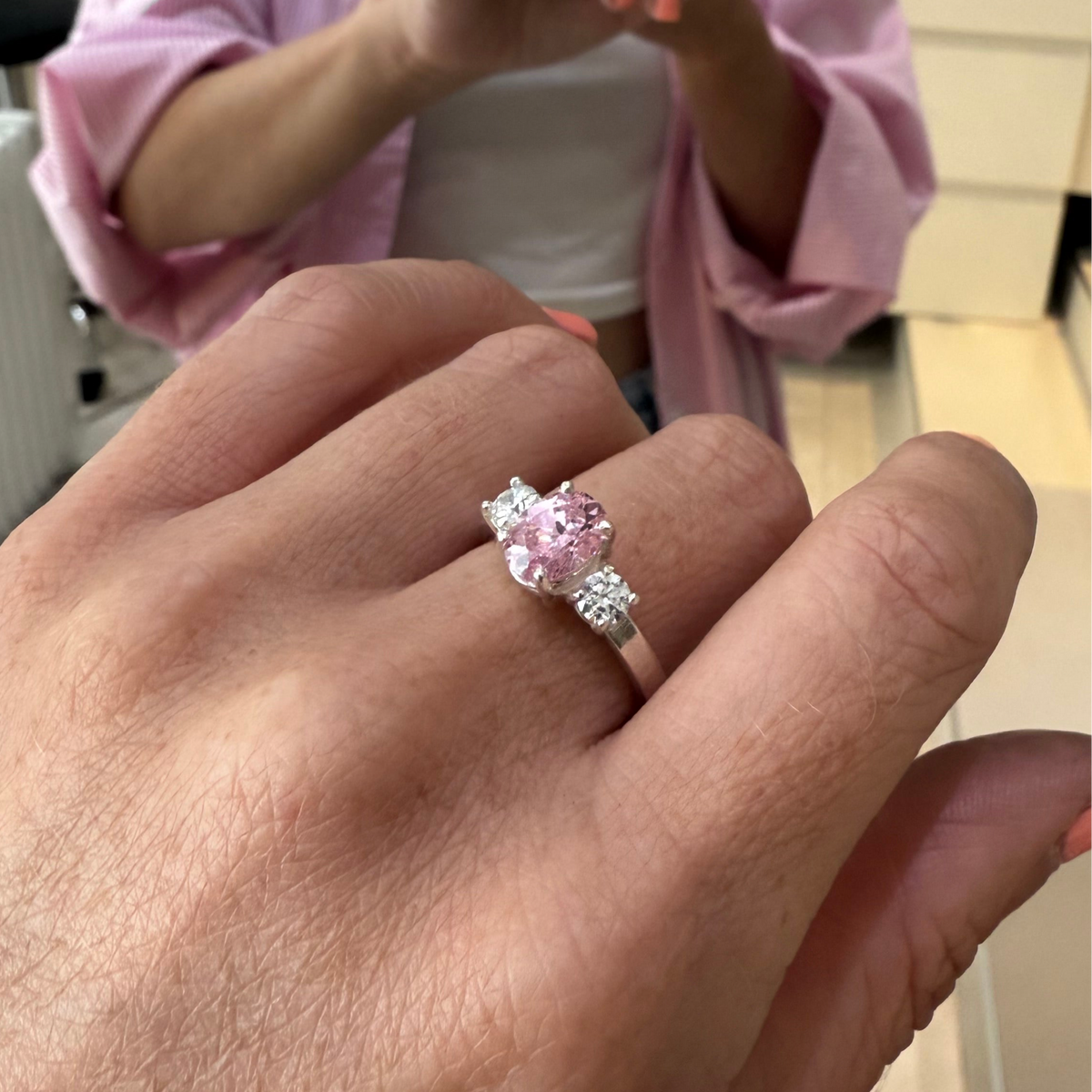 Silver Pink Topaz Trilogy Claw Ring