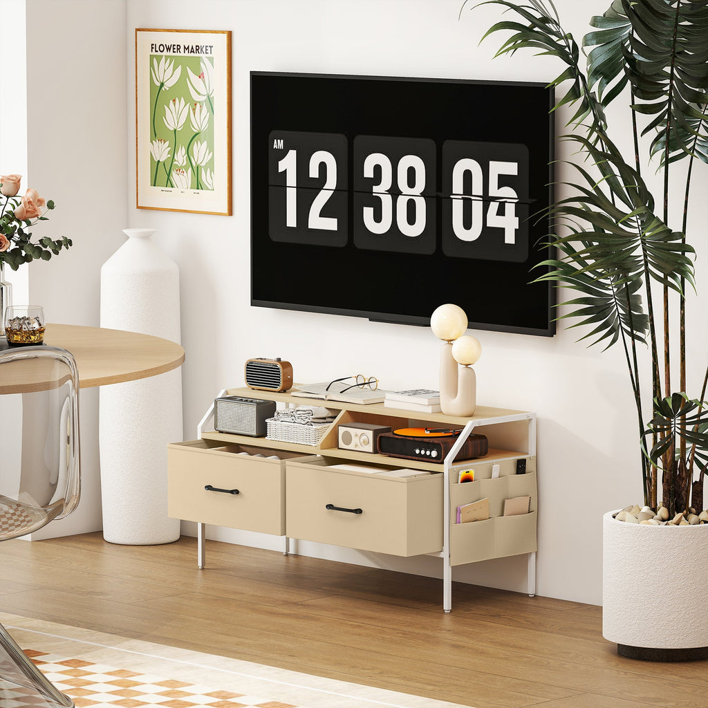 HOMCOM TV Stand Cabinet, TV Unit for 55-inch TVs with 2 Foldable Fabric Drawers, 5 Divided Side Pockets, Open Shelves, Console Table for Living Room, Bedroom, Entertainment Room, Natural Wood Finish