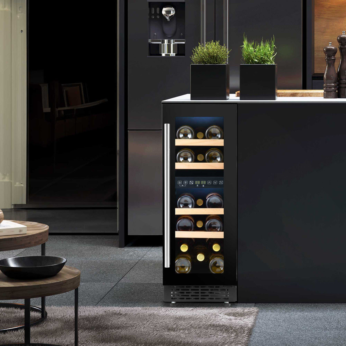 Baridi 17 Bottle Slim Dual Zone Built-In Wine Cooler with Beech Wood Shelves - Black | DH204