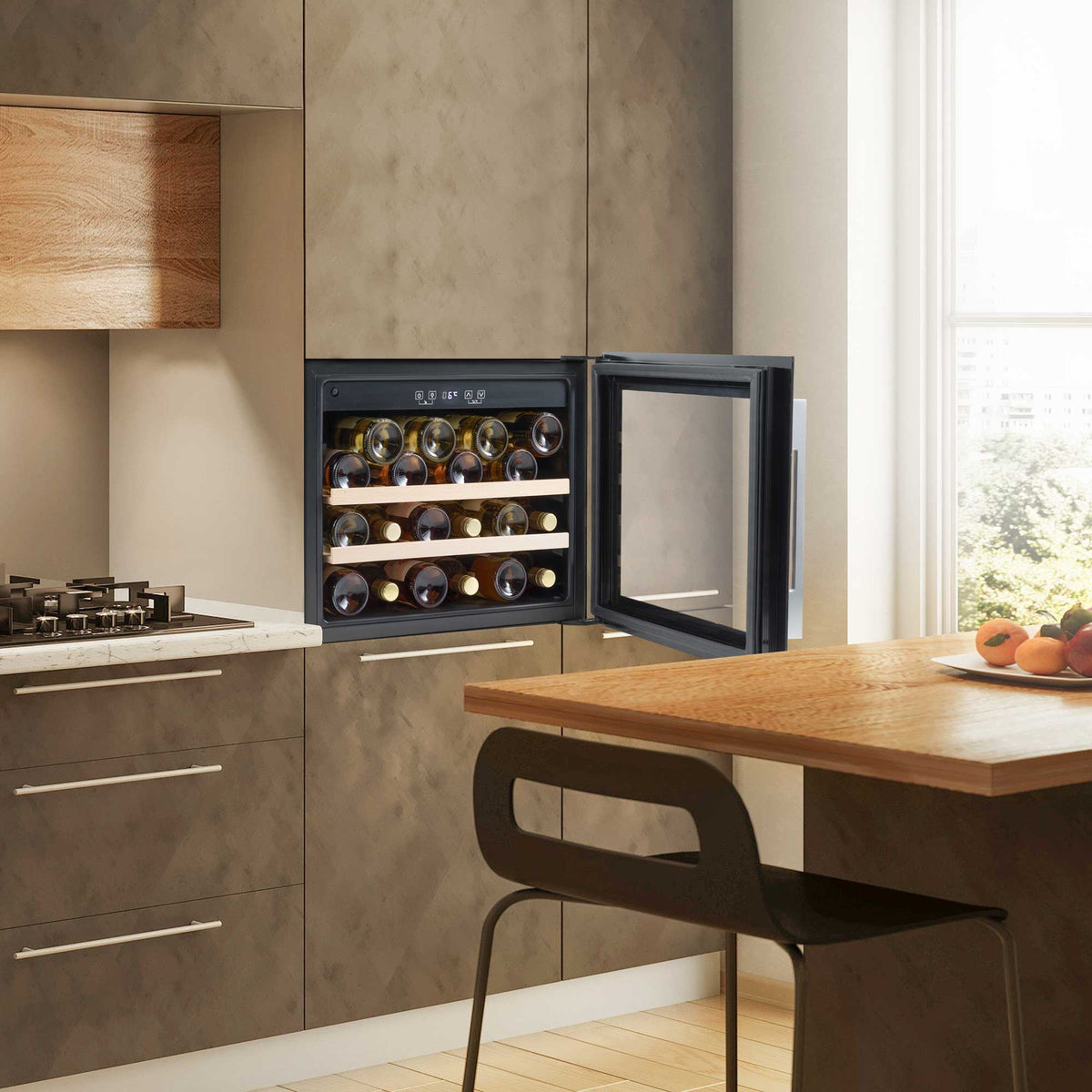 Baridi 28 Bottle Built-In Wine Cooler with Beech Wood Shelves & LED Light - Black | DH205