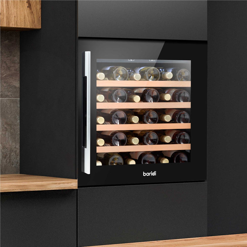 Baridi 36 Bottle Built-In Wine Cooler with Beech Wood Shelves & LED Light - Black | DH206