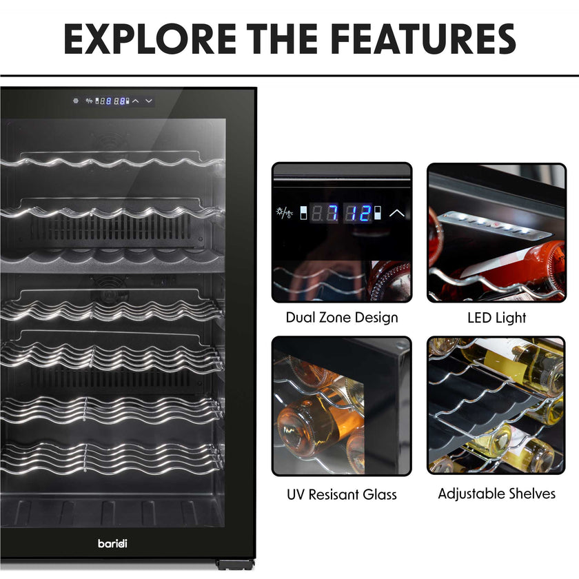 Baridi 52 Bottle Dual Zone Wine Fridge with Wire Shelves & LED Light - Black | DH236