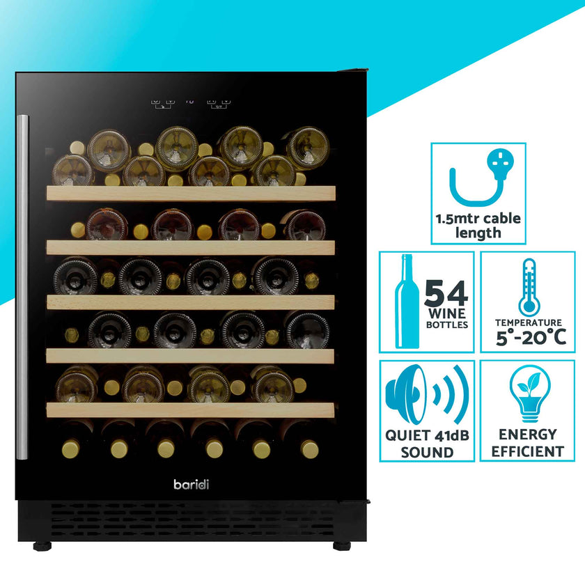 Baridi 54 Bottle Undercounter/Freestanding Wine Fridge with Wooden Shelves & LED Light - Black | DH78