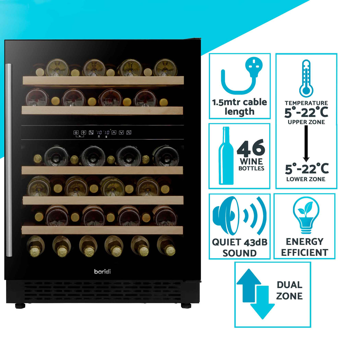 Baridi 46 Bottle Dual Zone Undercounter/Freestanding Wine Fridge with Wooden Shelves - Black | DH79